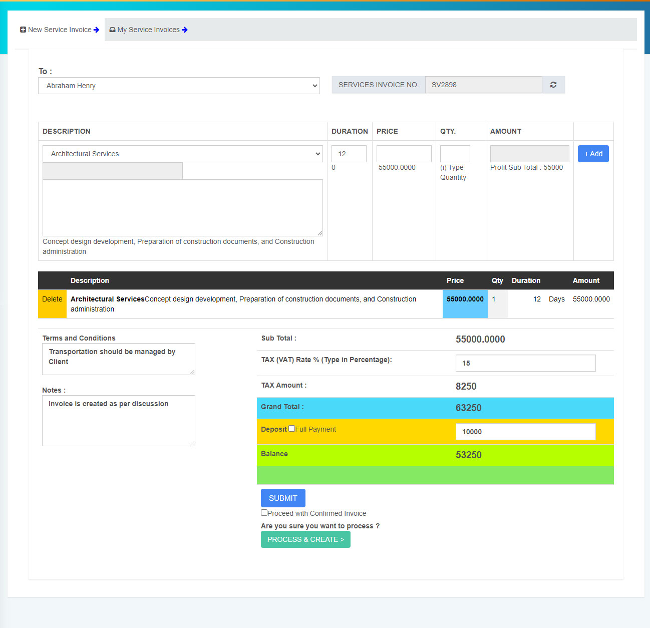 Creating Services Invoice