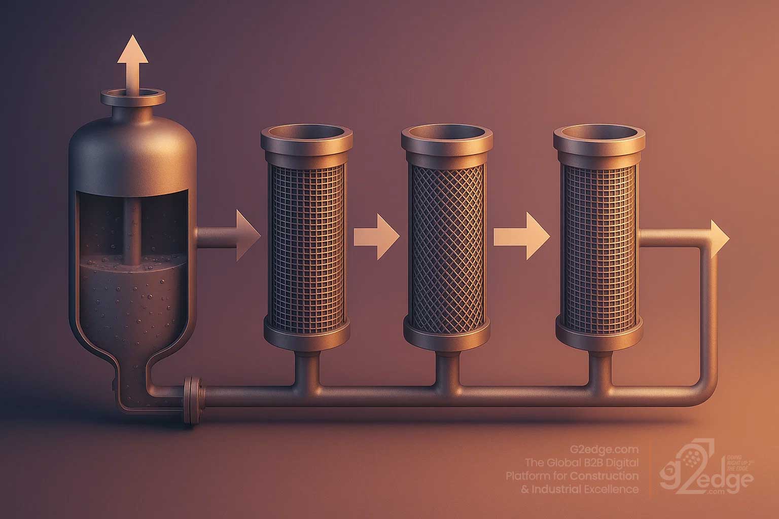 Industrial filtration process schematic with woven mesh stages