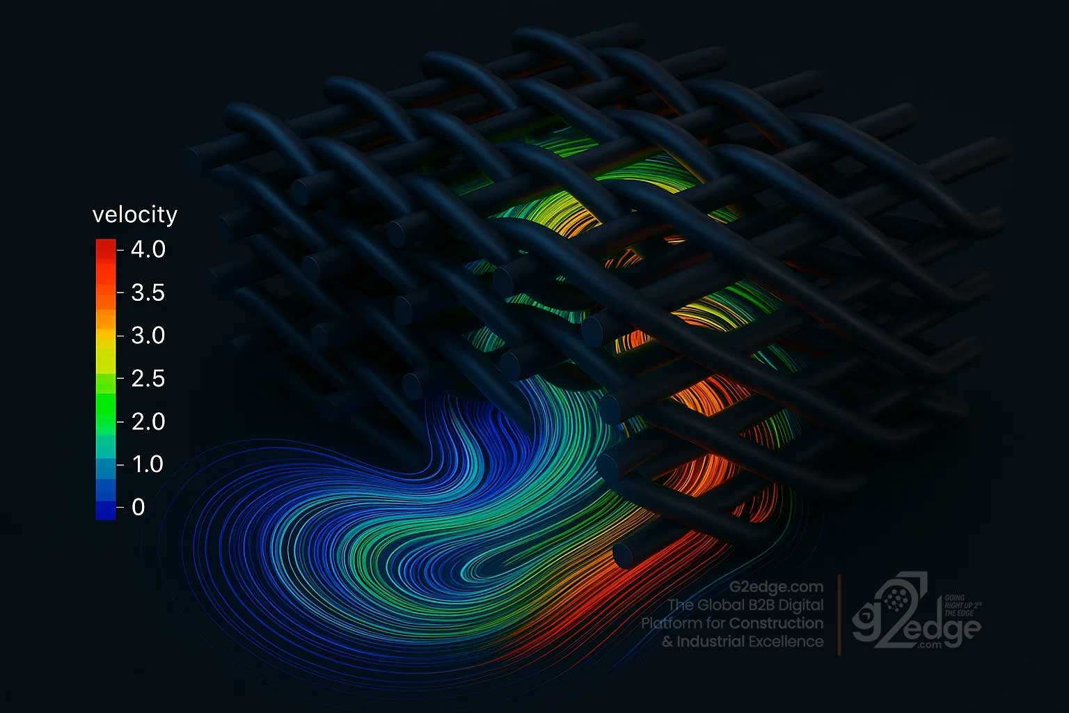 CFD simulation showing fluid flow through woven mesh layers