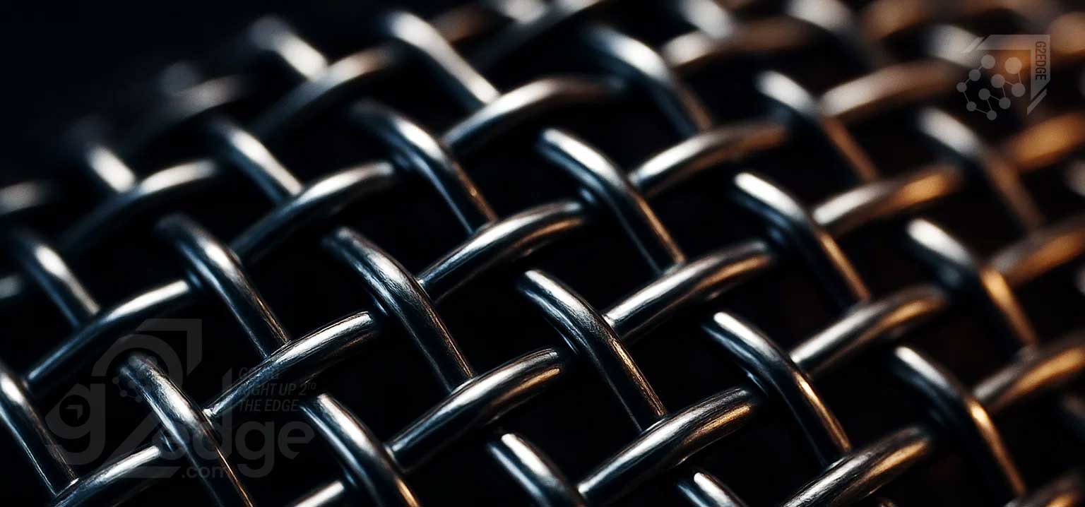 Macro close-up of precision woven mesh under angled light