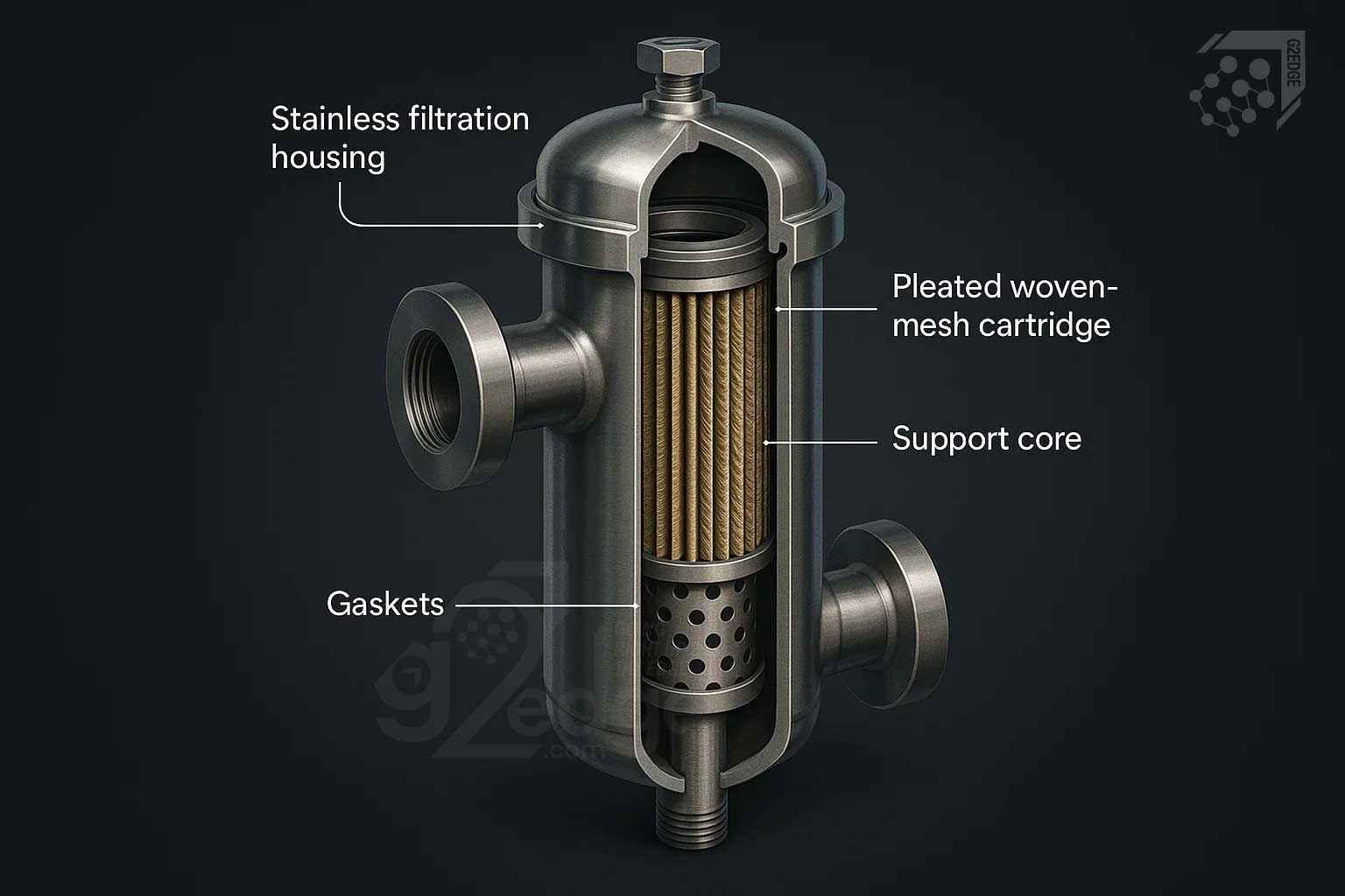 Cutaway diagram of filtration housing with woven mesh cartridge