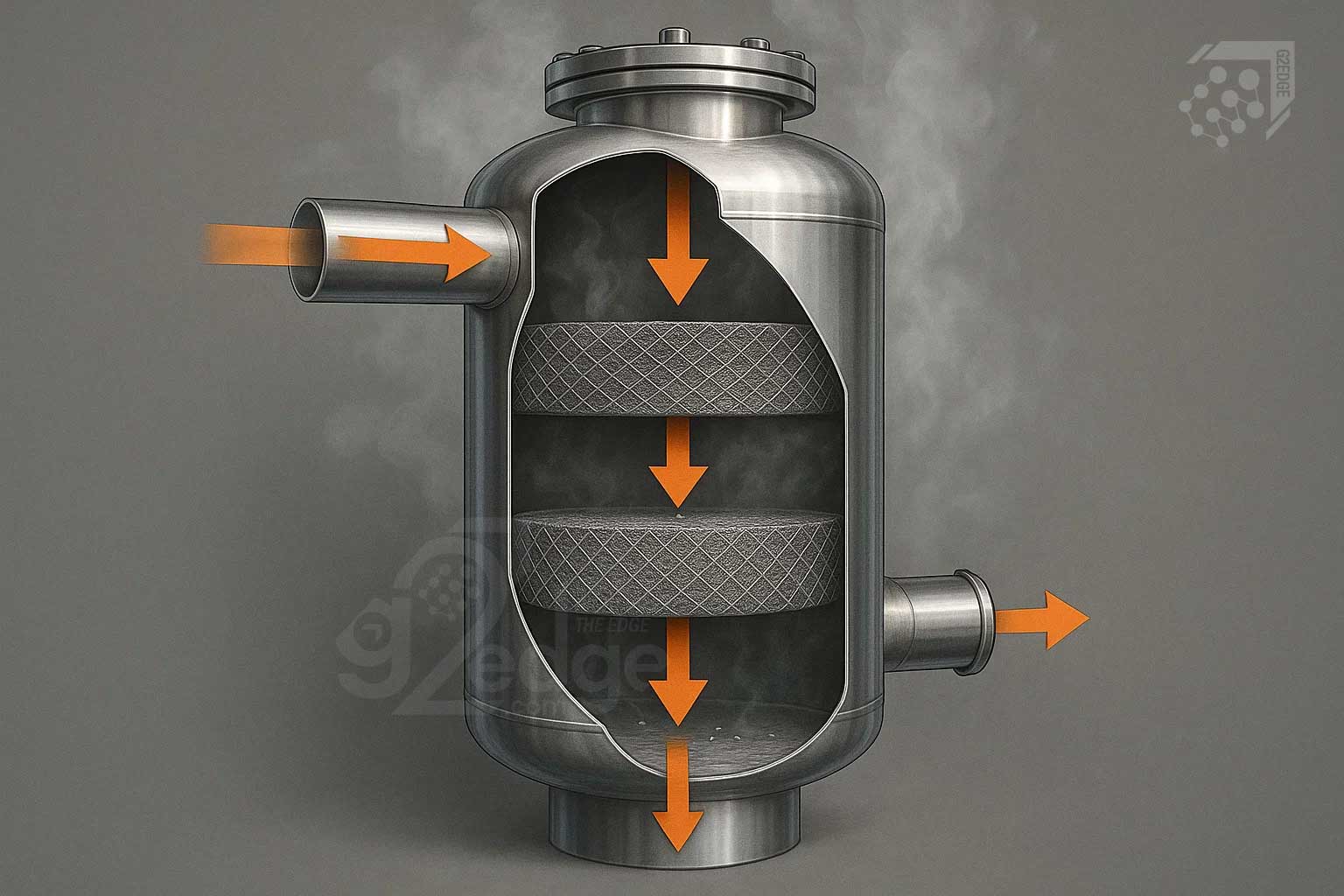 Industrial coalescer vessel with woven mesh pads and flow arrows